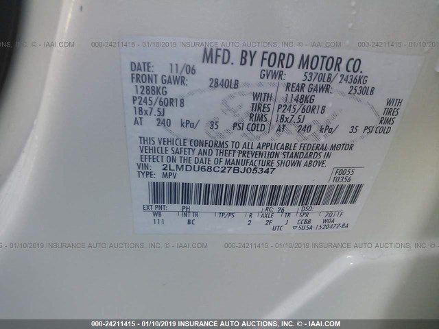 2LMDU68C27BJ05347 - 2007 LINCOLN MKX CREAM photo 9