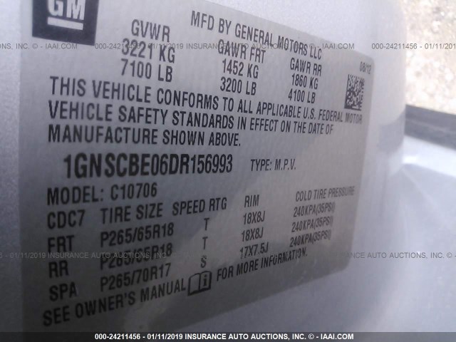 1GNSCBE06DR156993 - 2013 CHEVROLET TAHOE C1500 LT SILVER photo 9