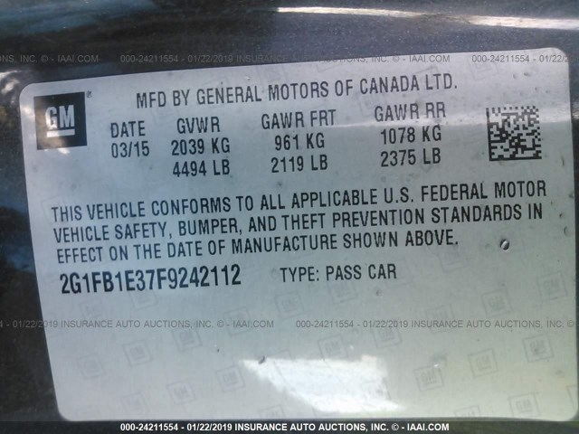 2G1FB1E37F9242112 - 2015 CHEVROLET CAMARO LS GRAY photo 9