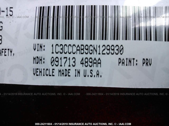 1C3CCCAB9GN129930 - 2016 CHRYSLER 200 LIMITED MAROON photo 9