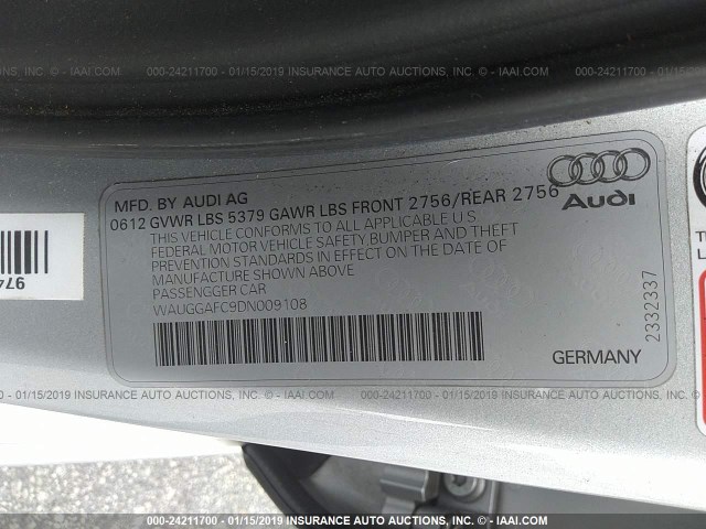 WAUGGAFC9DN009108 - 2013 AUDI A6 PREMIUM PLUS SILVER photo 9