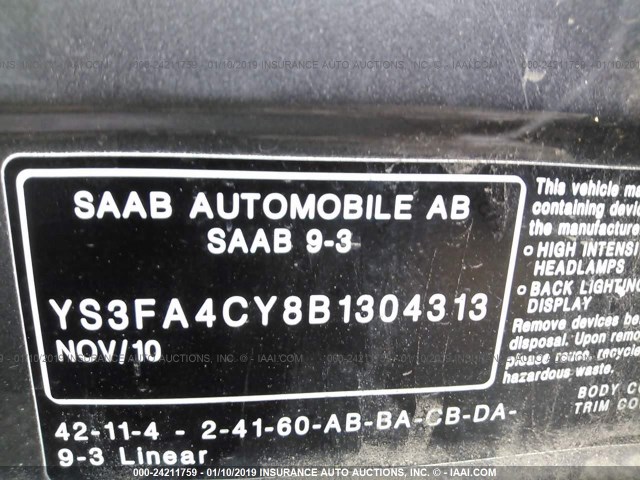 YS3FA4CY8B1304313 - 2011 SAAB 9-3 2.0T BLACK photo 9