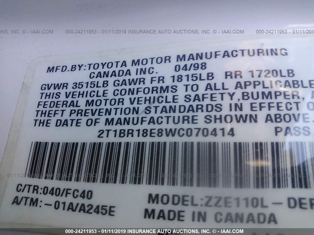 2T1BR18E8WC070414 - 1998 TOYOTA COROLLA VE/CE/LE 白色 照片 9