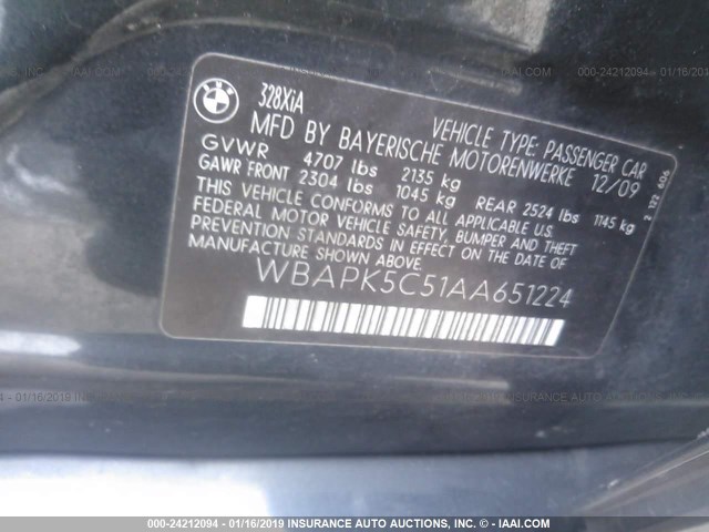 WBAPK5C51AA651224 - 2010 BMW 328 XI SULEV BLACK photo 9