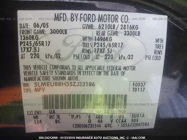 5LMEU88H35ZJ33186 - 2005 LINCOLN AVIATOR 黑色 照片 9