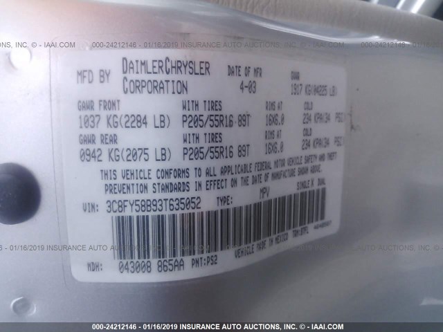 3C8FY58B93T635052 - 2003 CHRYSLER PT CRUISER TOURING SILVER photo 9