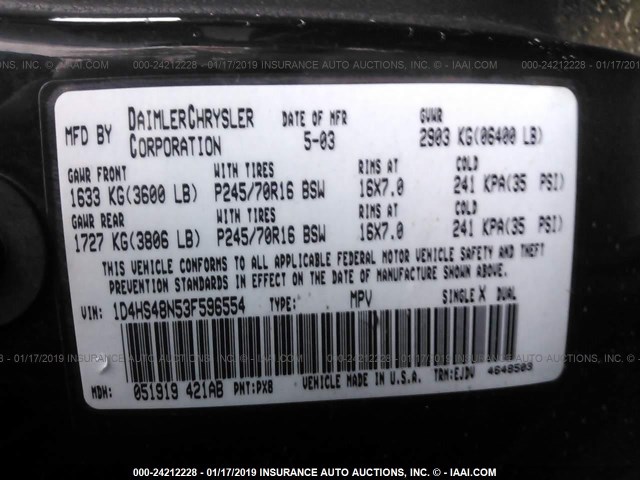 1D4HS48N53F596554 - 2003 DODGE DURANGO SLT BLACK photo 9