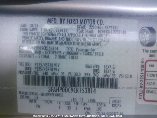 3FAHP0DC9CR153814 - 2012 FORD FUSION SPORT GRAY photo 9