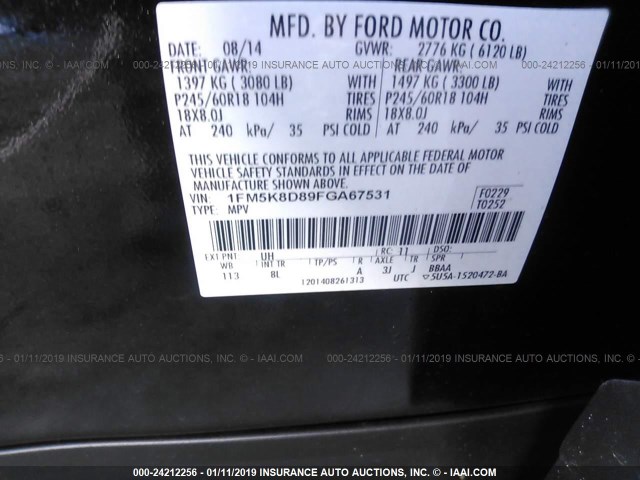 1FM5K8D89FGA67531 - 2015 FORD EXPLORER XLT BLACK photo 9