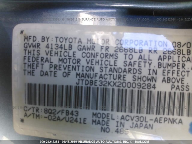 JTDBE32KX20009284 - 2002 TOYOTA CAMRY LE/XLE/SE BLUE photo 9