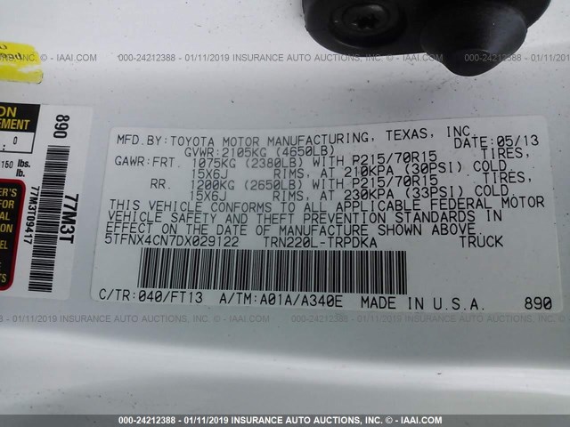 5TFNX4CN7DX029122 - 2013 TOYOTA TACOMA WHITE photo 9