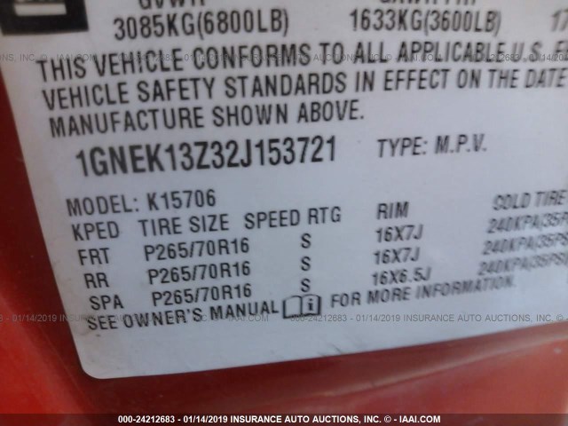 1GNEK13Z32J153721 - 2002 CHEVROLET TAHOE K1500 RED photo 9