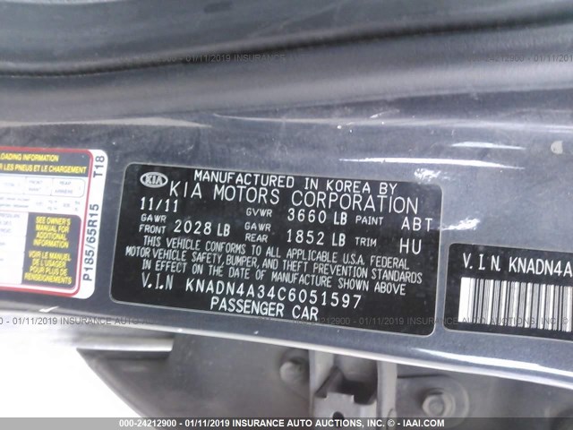 KNADN4A34C6051597 - 2012 KIA RIO EX/SX GRAY photo 9