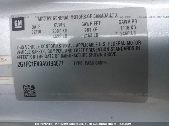 2G1FC1EV9A9194071 - 2010 CHEVROLET CAMARO LT SILVER photo 9