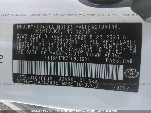 4T1BF1FK7FU931601 - 2015 TOYOTA CAMRY LE/XLE/SE/XSE თეთრი ფოტო 9