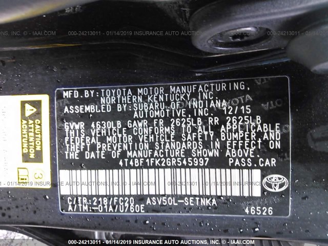 4T4BF1FK2GR545997 - 2016 TOYOTA CAMRY LE/XLE/SE/XSE BLACK photo 9