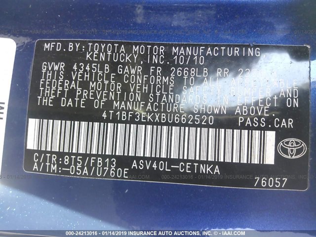 4T1BF3EKXBU662520 - 2011 TOYOTA CAMRY SE/LE/XLE 蓝色 照片 9