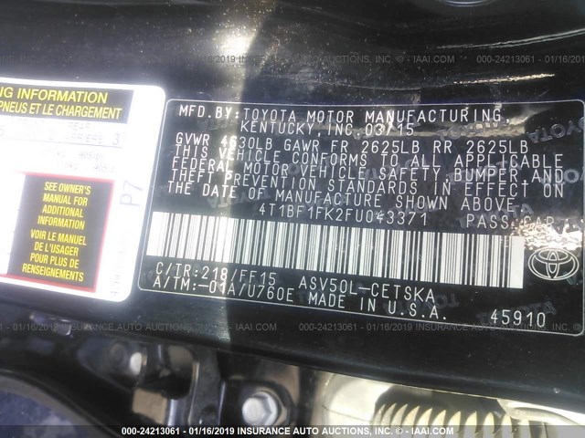 4T1BF1FK2FU043371 - 2015 TOYOTA CAMRY LE/XLE/SE/XSE BLACK photo 9