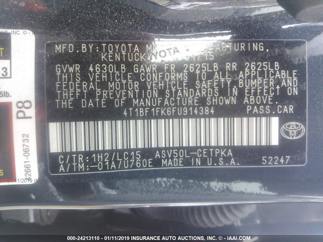 4T1BF1FK6FU914384 - 2015 TOYOTA CAMRY LE/XLE/SE/XSE GRAY photo 9