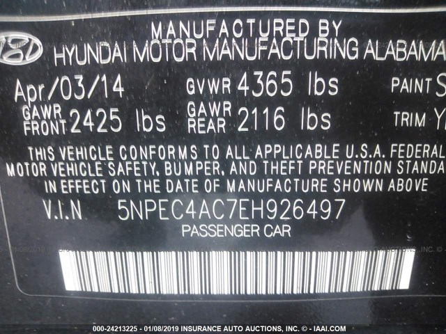 5NPEC4AC7EH926497 - 2014 HYUNDAI SONATA SE/LIMITED BLACK photo 9