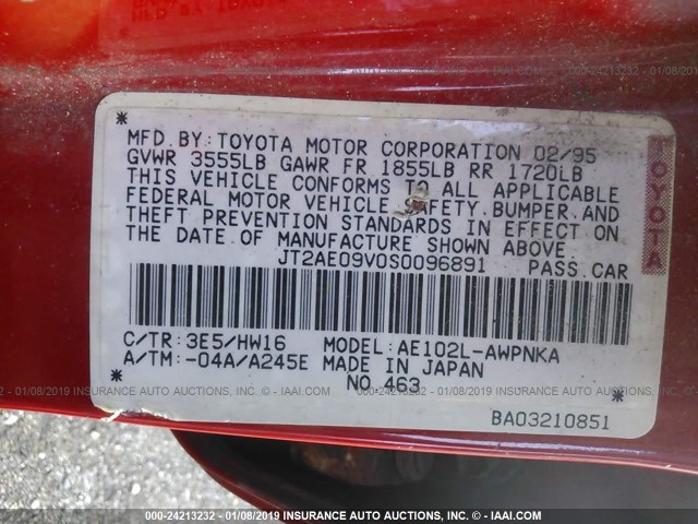 JT2AE09V0S0096891 - 1995 TOYOTA COROLLA DX RED photo 9