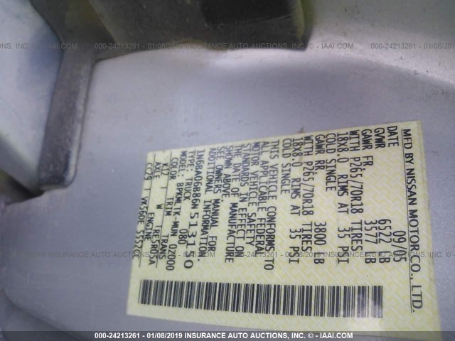 1N6BA06B86N513150 - 2006 NISSAN TITAN SILVER photo 9