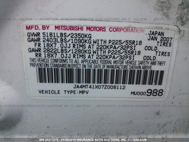 JA4MT41X07Z008112 - 2007 MITSUBISHI OUTLANDER XLS WHITE photo 9