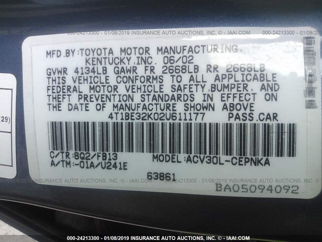 4T1BE32K02U611177 - 2002 TOYOTA CAMRY LE/XLE/SE BLUE photo 9