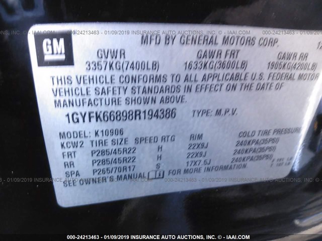 1GYFK66898R194386 - 2008 CADILLAC ESCALADE ESV BLACK photo 9