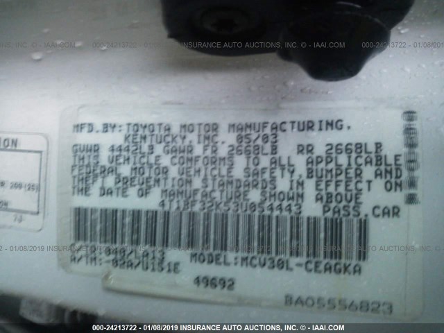 4T1BF32K53U054443 - 2003 TOYOTA CAMRY LE/XLE/SE WHITE photo 9