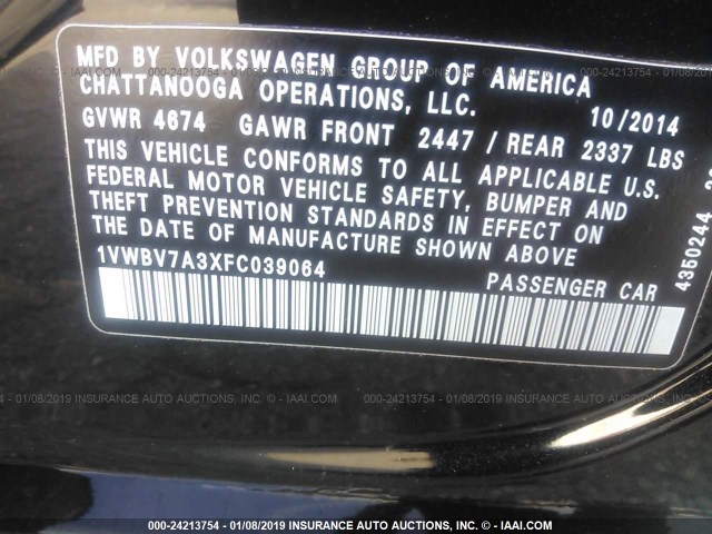 1VWBV7A3XFC039064 - 2015 VOLKSWAGEN PASSAT SE BLACK photo 9