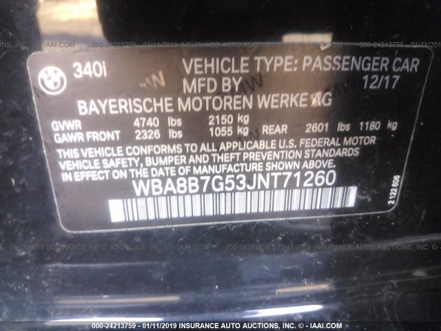 WBA8B7G53JNT71260 - 2018 BMW 340 XI BLACK photo 9