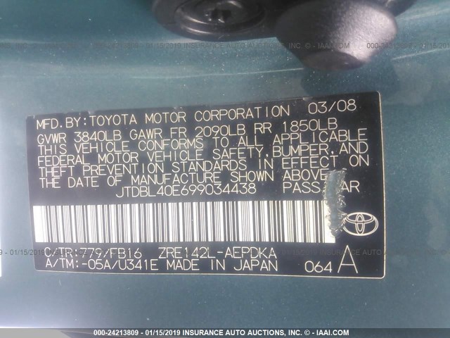 JTDBL40E699034438 - 2009 TOYOTA COROLLA LE/XLE TURQUOISE photo 9