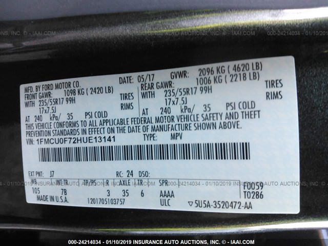 1FMCU0F72HUE13141 - 2017 FORD ESCAPE S GRAY photo 9