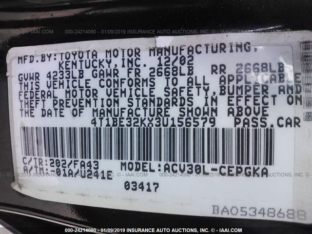 4T1BE32KX3U156579 - 2003 TOYOTA CAMRY LE/XLE/SE BLACK photo 9