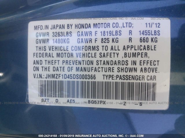 JHMZF1D45DS000366 - 2013 HONDA CR-Z BLUE photo 9