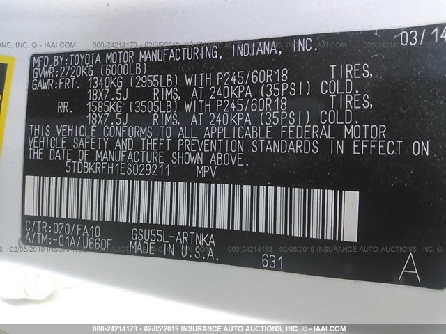 5TDBKRFH1ES029211 - 2014 TOYOTA HIGHLANDER LE/LE PLUS თეთრი ფოტო 9