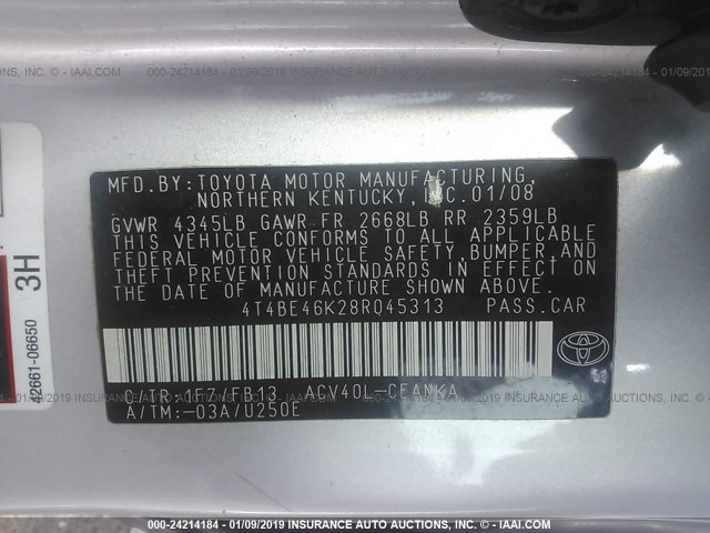 4T4BE46K28R045313 - 2008 TOYOTA CAMRY CE/LE/XLE/SE SILVER photo 9