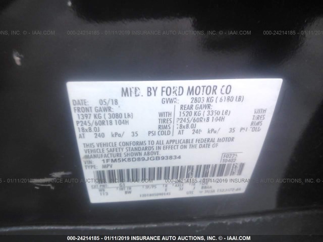 1FM5K8D89JGB93834 - 2018 FORD EXPLORER XLT BLACK photo 9