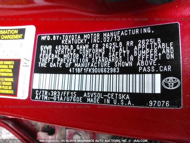 4T1BF1FK9DU662983 - 2013 TOYOTA CAMRY L/SE/LE/XLE 红色 照片 9