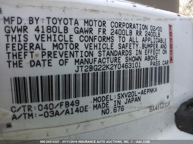 JT2BG22K2Y0463101 - 2000 TOYOTA CAMRY CE/LE/XLE WHITE photo 9