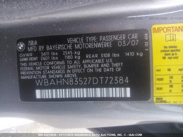 WBAHN83527DT72384 - 2007 BMW 750 GRAY photo 9