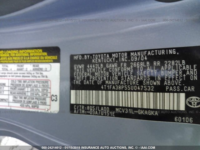 4T1FA38P55U047532 - 2005 TOYOTA CAMRY SOLARA SE/SLE BLUE photo 9