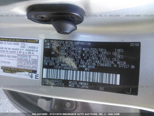 JTEGP21A840024321 - 2004 TOYOTA HIGHLANDER LIMITED SILVER photo 9