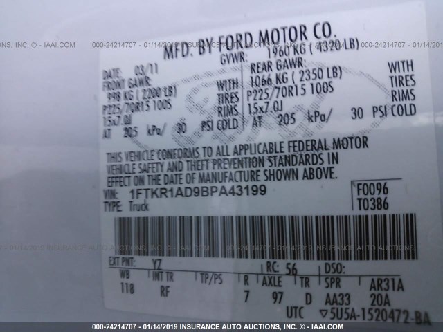 1FTKR1AD9BPA43199 - 2011 FORD RANGER WHITE photo 9