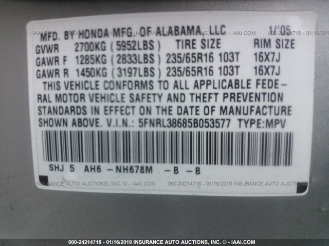 5FNRL38685B053577 - 2005 HONDA ODYSSEY EXL GRAY photo 9