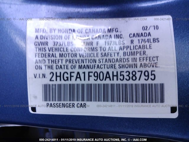 2HGFA1F90AH538795 - 2010 HONDA CIVIC EXL BLUE photo 9