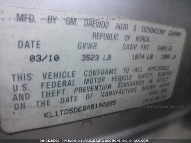 KL1TD5DE6AB100265 - 2010 CHEVROLET AVEO LS/LT ვერცხლისფერი ფოტო 9