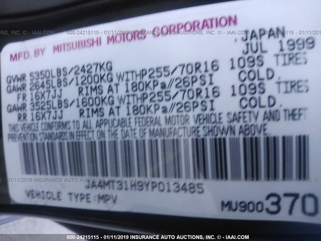 JA4MT31H9YP013485 - 2000 MITSUBISHI MONTERO SPORT LS/SPORT XLS BLACK photo 9