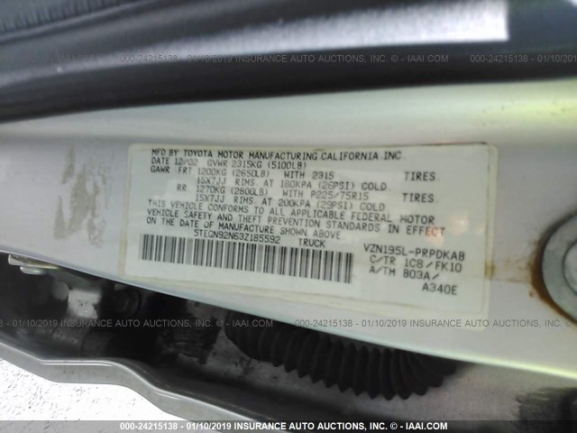 5TEGN92N63Z185592 - 2003 TOYOTA TACOMA DOUBLE CAB PRERUNNER SILVER photo 9